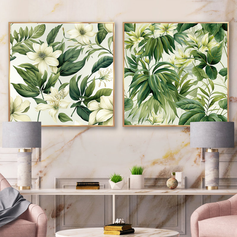 Corwen - Ensemble de 2 collages carrés floral et botanique, Cadre flottant doré, H 16 po x l 33 po