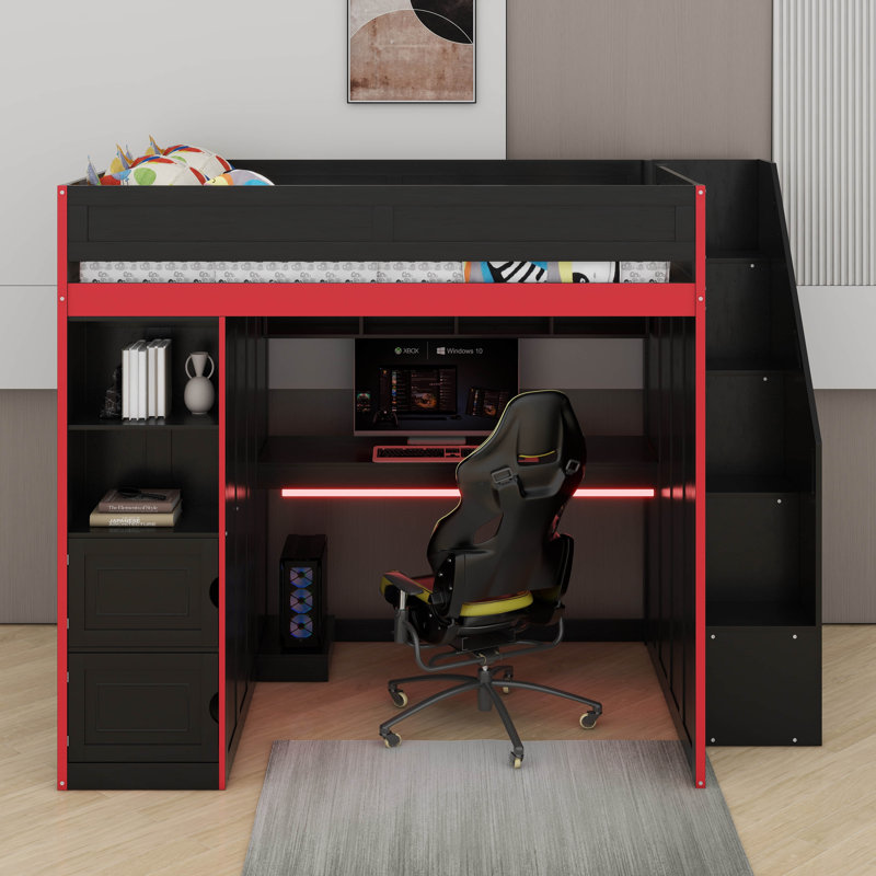 Lit mezzanine double avec bureau et rangement, Lit double
