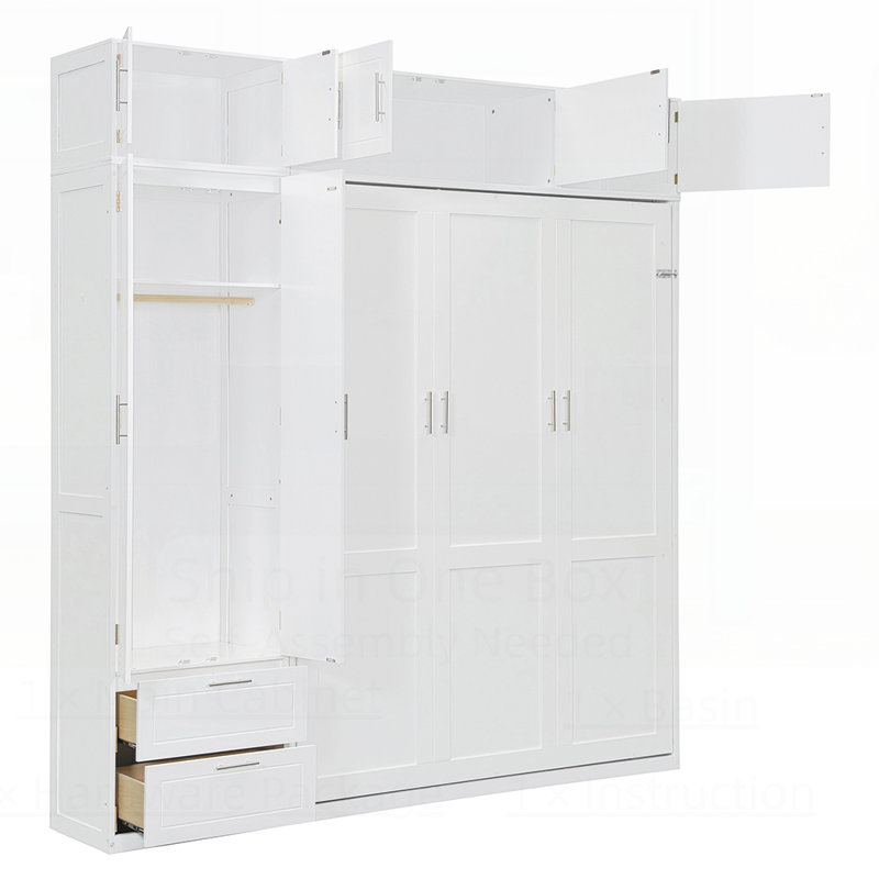 Lit escamotable moderne Celeste avec armoire supérieure et tablettes, panneau de fibres à densité moyenne durable et contreplaqué