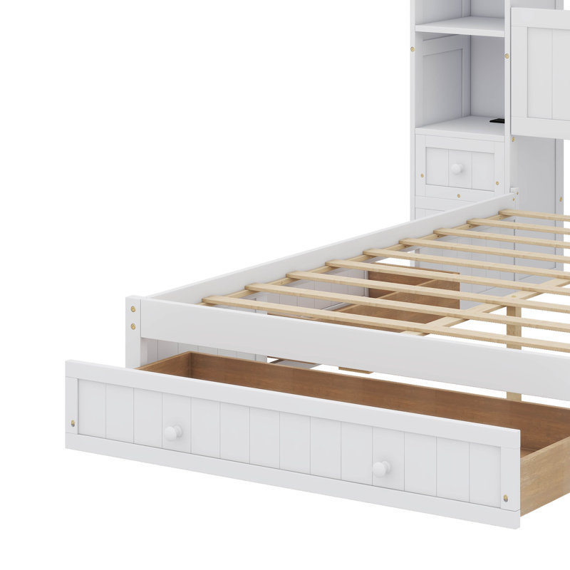 Lit plateforme avec 2 tables de chevet intégrées, une étagère de rangement, une bibliothèque avec armoire et 3 tiroirs