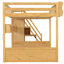 Grand lit mezzanine en bois avec escalier et garde-robe, tablettes de rangement et espace sous le lit