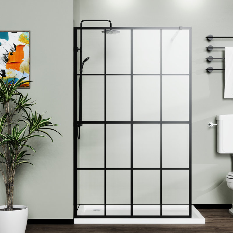 Walk-In Shower Screen 46" X 72" Black - Tempered Glass, Mounting For Stable Upper Bar