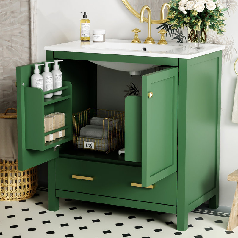 Meuble-lavabo 30 po avec lavabo simple en céramique avec tiroir, porte et meuble-lavabo
