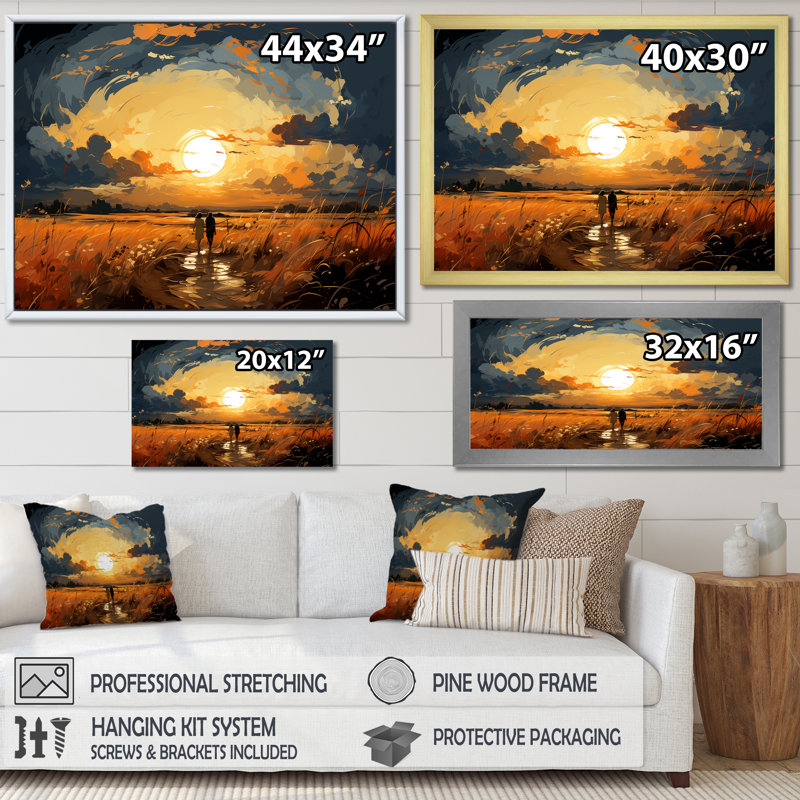 «Wheatfield Sunset Romance, H 12 po x l 20 po x P 1 po, Cadre flottant noir