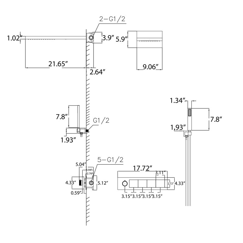21.65*9.06" Temperature Display Concealed Shower Mixer Set, Brass Two Settings Shower Head and Hand Shower with Rough-in Valve