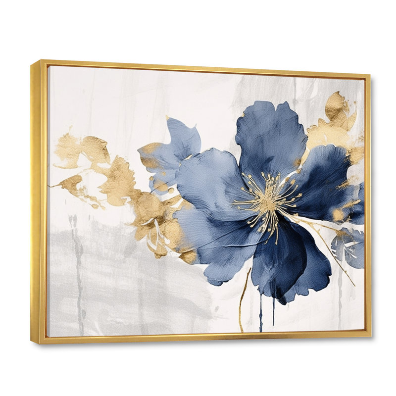 Hibiscus bleu et blanc, fleurs d'harmonie tropicale I - art mural floral, Cadre flottant doré, H 16 po x l 32 po