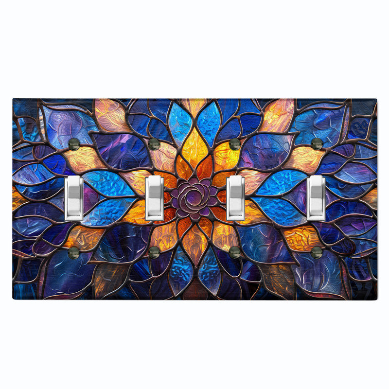 Plaque d'interrupteur en métal ; interrupteur à bascule 4 voies, taille standard américaine ; motif imprimé d'un mandala floral en vitrail.