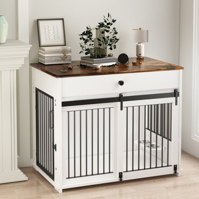 Large Dog Crate Furniture with Drawer Storage, Sliding Doors, Rotating Bowls