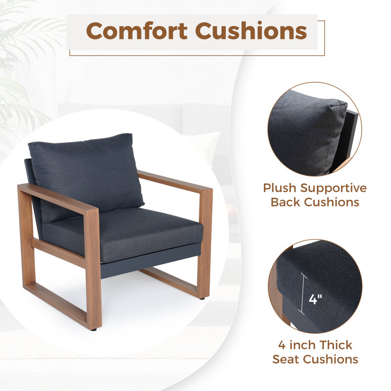 Ensemble de conversation d'extérieur en aluminium pour 7 personnes Arunas avec finition grain de bois et coussin résistant aux intempéries