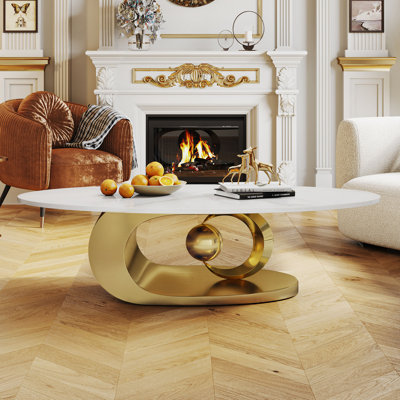 Carnet 49.2" Gold Oval Marble Coffee Table With Artistic Crescent & Sphere Hybrid Base, Modern Coffee Table for Living Room by Orren Ellis