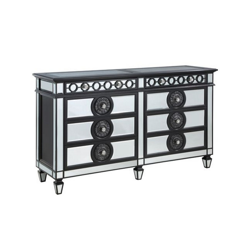 Commode moderne 68 pouces Fawne, 8 tiroirs, boutons en cristal, bois, noir, blanc