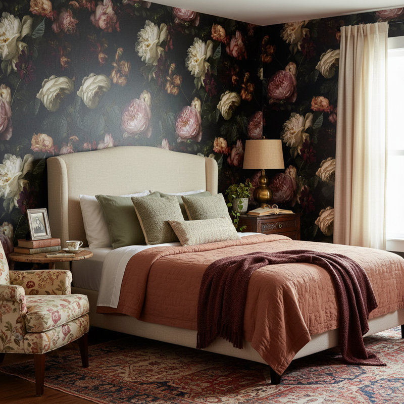 Papier peint floral, roses rétro, décoration murale amovible
