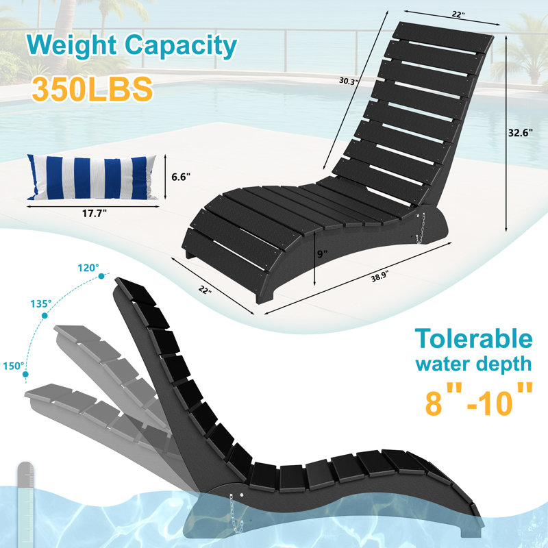 Chaise longue de patio en PEHD, conception ergonomique imperméable avec appui-tête réglable à 3 positions, pour la piscine, la terrasse et la plage