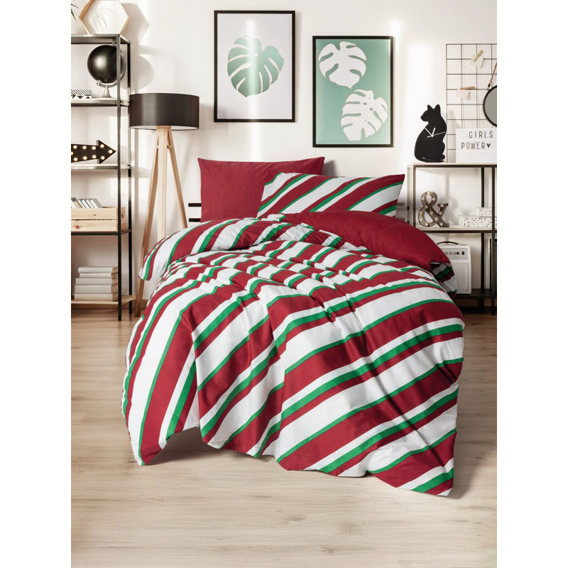 Ensemble de housse de couette 100% coton Ranforce à thème de Noël, housse de couette 55,1 po x 78,7 po et taie d'oreiller 23,6 po x 23,6 po | Impression réactive, lavable à la machine, fermeture à boutons | Vert festif, design rouge et blanc, confortable et élégant