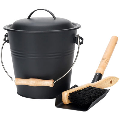 Seau en bois de frêne de 1,5 gallon avec couvercle, pelle, balai - pour foyers, poêles à bois