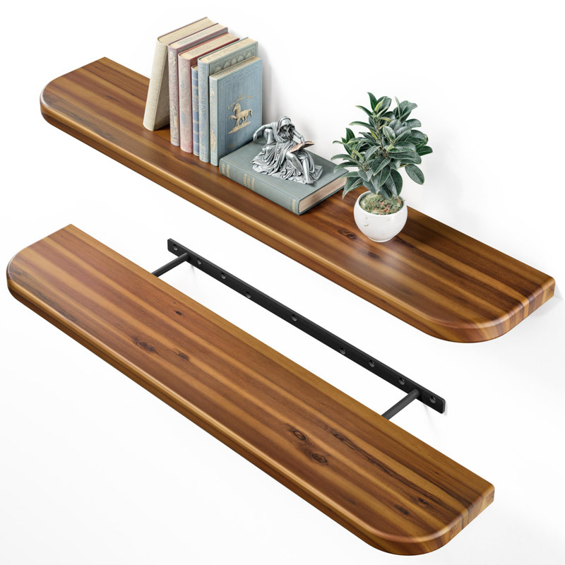 17" Acacia Wood Floating Shelves Wall Mounted (Round Edge) – Rustic Farmhouse Wooden Wall Storage Shelf for Bedroom, Kitchen - Brackets and Shelving Hardware Included (Acacia Color)