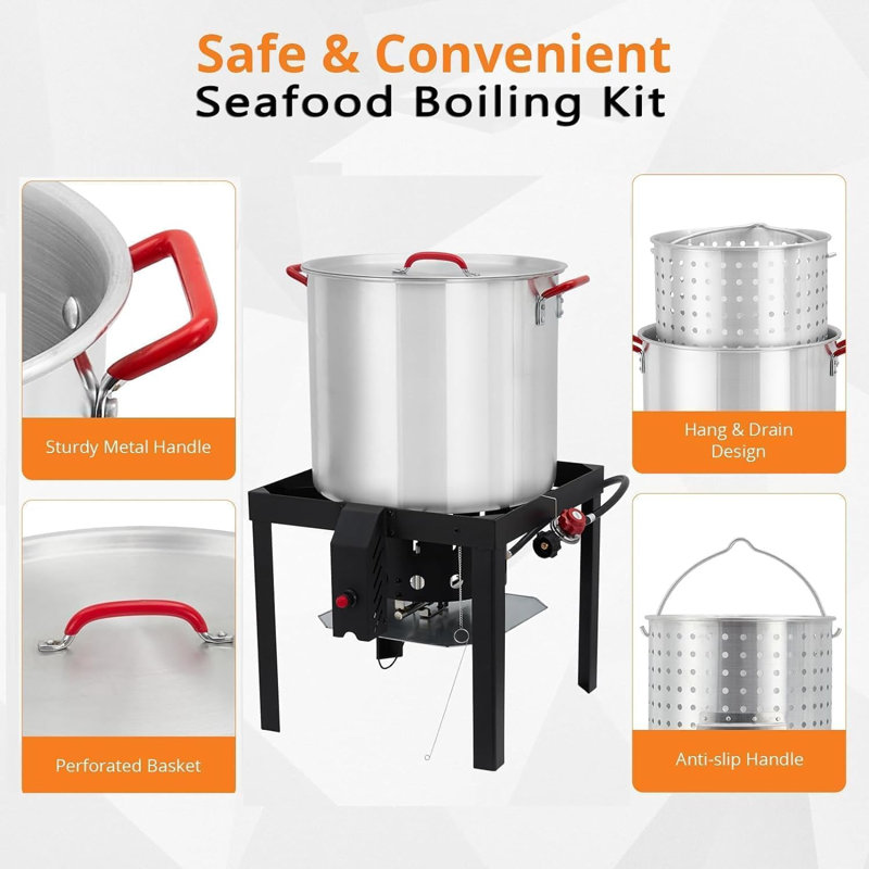Bouilloire de fruits de mer, marmite de 80 qt avec panier et brûleur, panier à crépine, couvercle et crochet, marmite polyvalente pour crabe, homard, ébullition de crevettes, chaudière au propane en aluminium pour l'extérieur et ensemble de vapeur