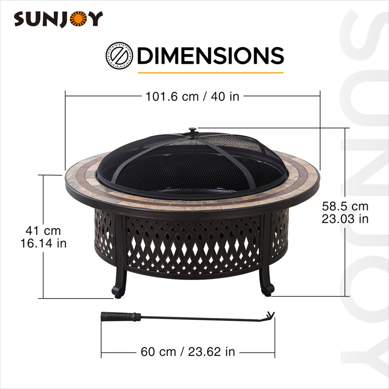 Sunjoy 40 Inch Fire Pit for Outside, Outdoor Round Wood Burning Fire Pit with Steel Mesh Spark Screen, Ceramic Tile Tabletop and Fire Poker, Large Bonfire for Patio and Backyard