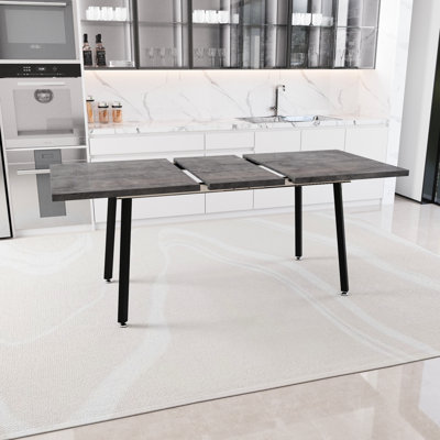 Table de salle à manger, rectangulaire, extensible, grise avec des pieds en métal noir, thème industriel médiéval pour les repas quotidiens à la table, option extensible, style et cuisine