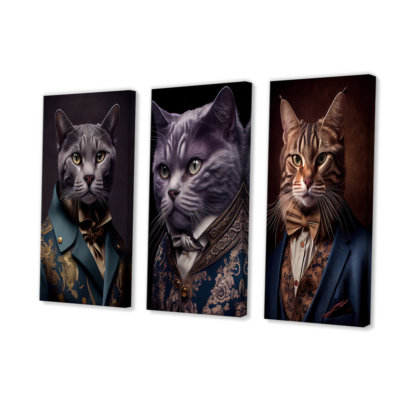 «Elegant Cat In Fancy Blue Fashion Design I», reproduction sur toile 3 pièces, H 28 po x l 36 po x P 1 po