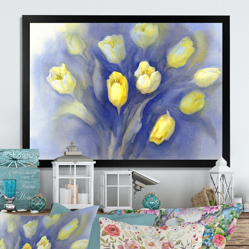 Tulipes sur bleu II - reproduction sur toile, H 24 po x l 36 po x P 1 po, Cadre d'angle fermé noir