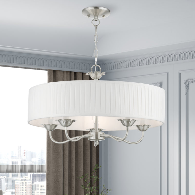 Lamotte 5-Light Dimmable Drum Chandelier with Linen Blend Shade , Brushed Nickel