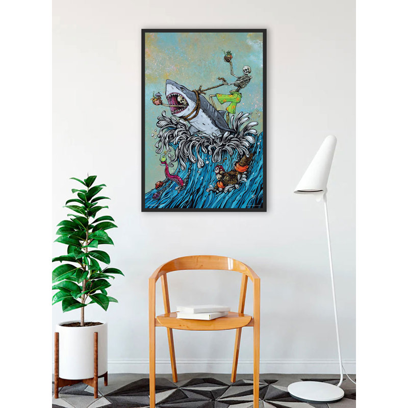 Grande vague blanche - 2 squelettes chevauchant un requin, impression sur papier