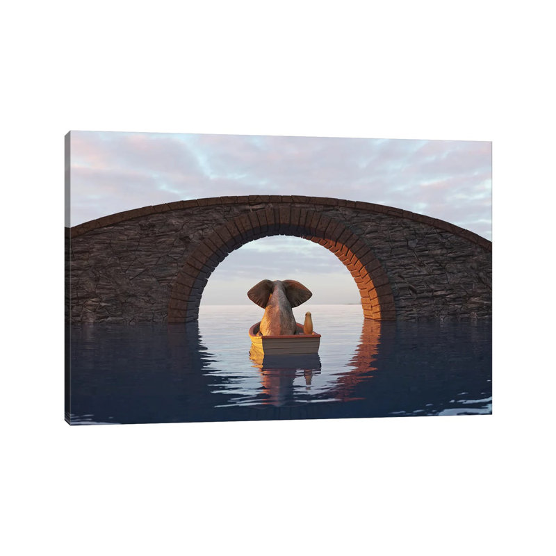 Elephant And Dog Float In A Boat Under The Bridge II by Mike Kiev - Wrapped Canvas Print, 66.04 cm H x 45.72 cm W x 1.91 cm D