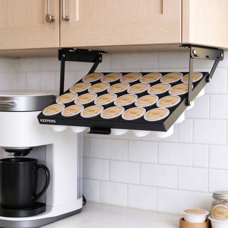 KEEPERS Coffee Pod Holder Under Cabinet Swing Down Steel Organizer for K-Cup Pods, Space Saving Storage for Small Kitchens, RVs and Offices