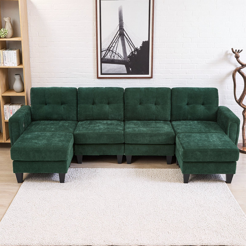 Canapé modulaire moderne en forme de U - Modulaire avec repose-pieds, ports USB et tables d'appoint pliables, Vert