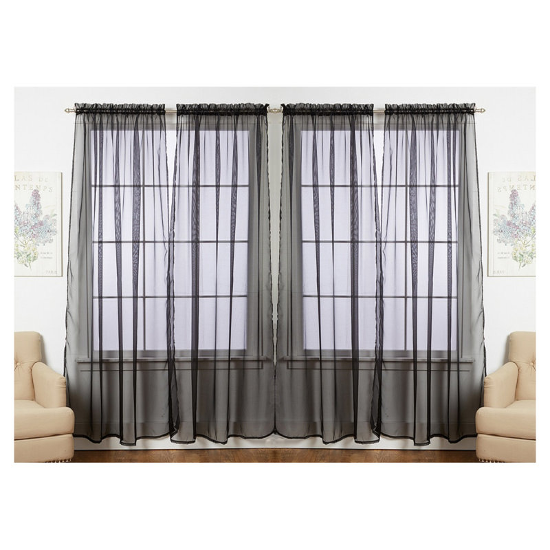 Panneaux de rideaux transparents de couleur unie avec passe-tringle, Noir