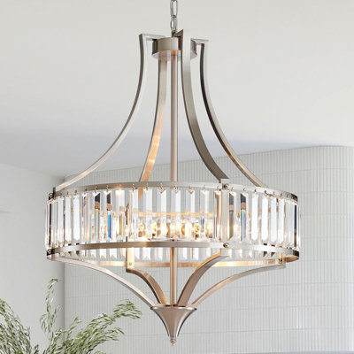 Modern Crystal Chandelier With Adjustable Height, 6-Light Brushed Nickel Fixture For Dining Room, Kitchen, Bedroom, Hallway, And Foyer
