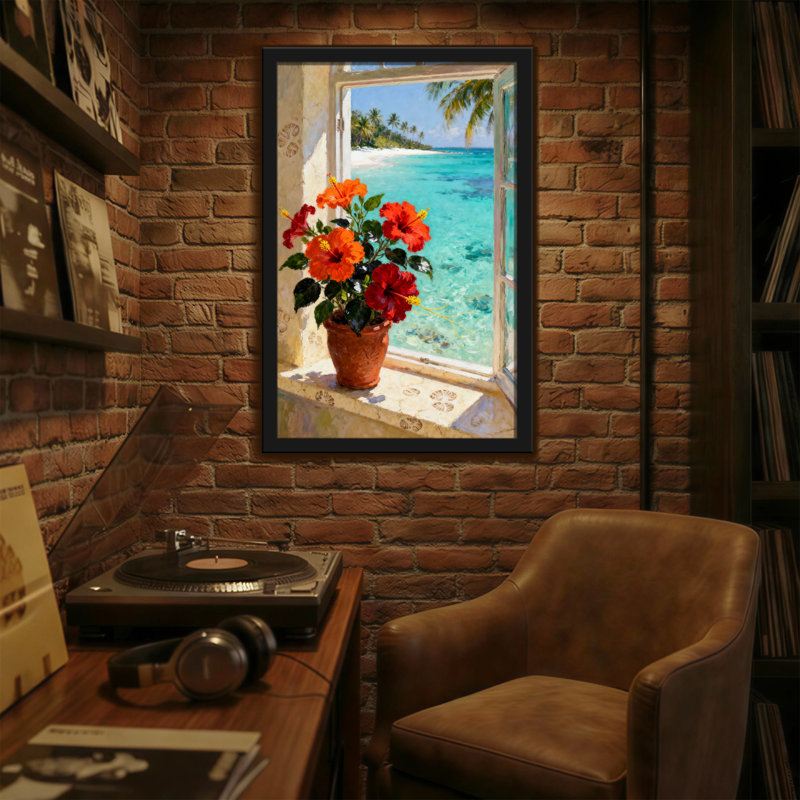 Fenêtre de plage tropicale avec fleurs d'hibiscus Plants & Flowers, H 36 po x l 24 po