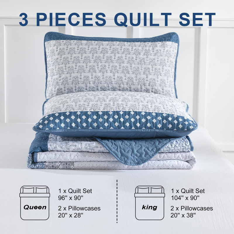 3-Piece Bohemian Stripe Quilt Set Lightweight Microfiber All Season, Blue, Queen Quilt + 2 Queen Pillowcases
