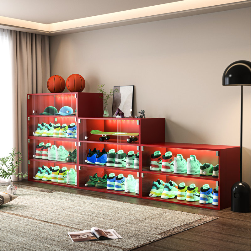 Armoire de rangement à chaussures lumineuse à DEL - en bois, avec portes en verre de 1/4 po, pouvant accueillir 6 espadrilles, empilables, lumières alimentées, 1 à 2 tiroirs, style américain éclairé pour les espadrilles, couleurs vives