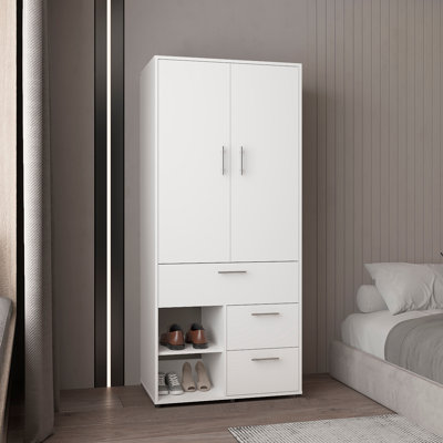 Armoire avec portes doubles, tringle suspendue et tablettes intérieures, garde-robe moderne autoportante