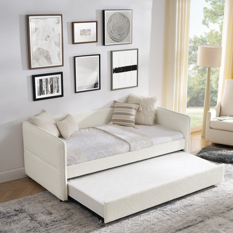 Versatile Tufted Sofa Bed With Trundle, Boucle Fabric, Ideal For Guest Rooms And Small Spaces, Beige, Twin