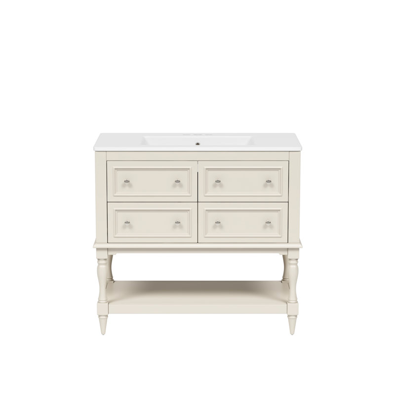 Meuble-lavabo 36 po avec armoire à pharmacie, 4 tiroirs, structure en bois massif, tablette ajustable avec miroir moderne, lavabo en céramique, lavabo pré-percé à trois trous, peinture imperméable, assemblage facile, très grand