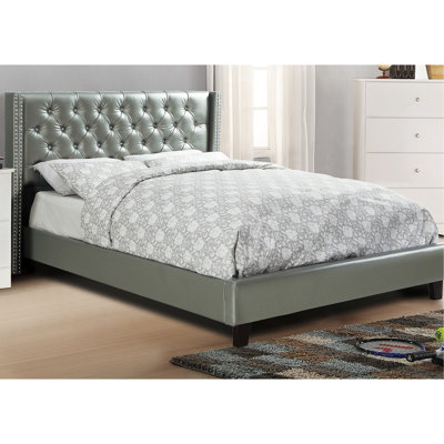 Full Size Bedroom Bed With Upholstered Silver Faux Leather Headboard And Radiance Slats