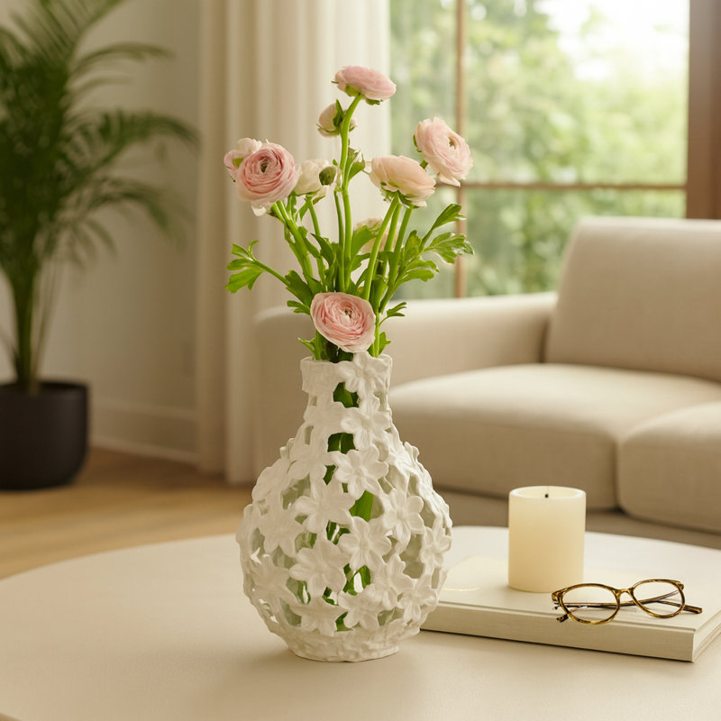 Vase de table en céramique à motif floral Adeline, Hauteur totale - 12 po, Ivoire ivoire
