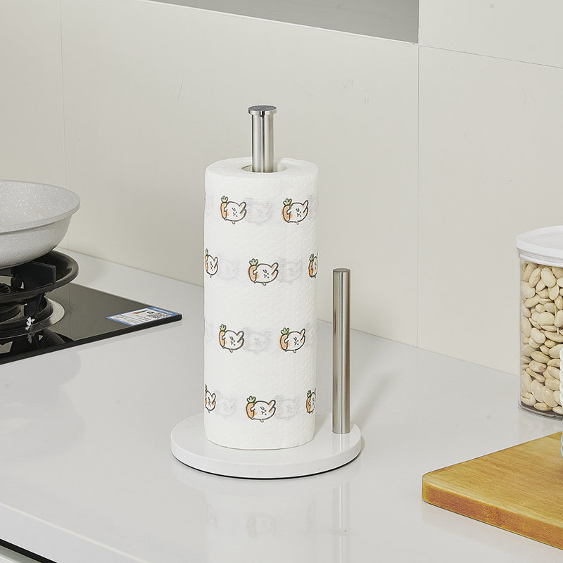 Porte-essuie-tout de comptoir en acier inoxydable pour rouleau de cuisine avec base marbrée naturelle lestée, Argent argent