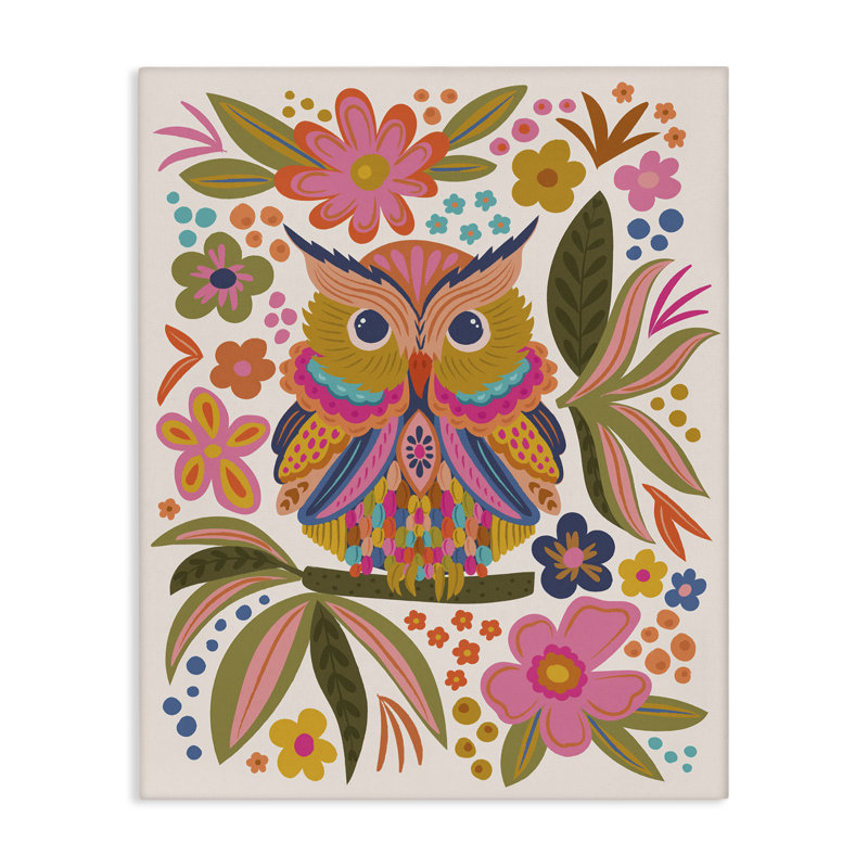 Art mural éclectique, hibou et fleurs, par Lisa Perry White, H 48 po x l 36 po