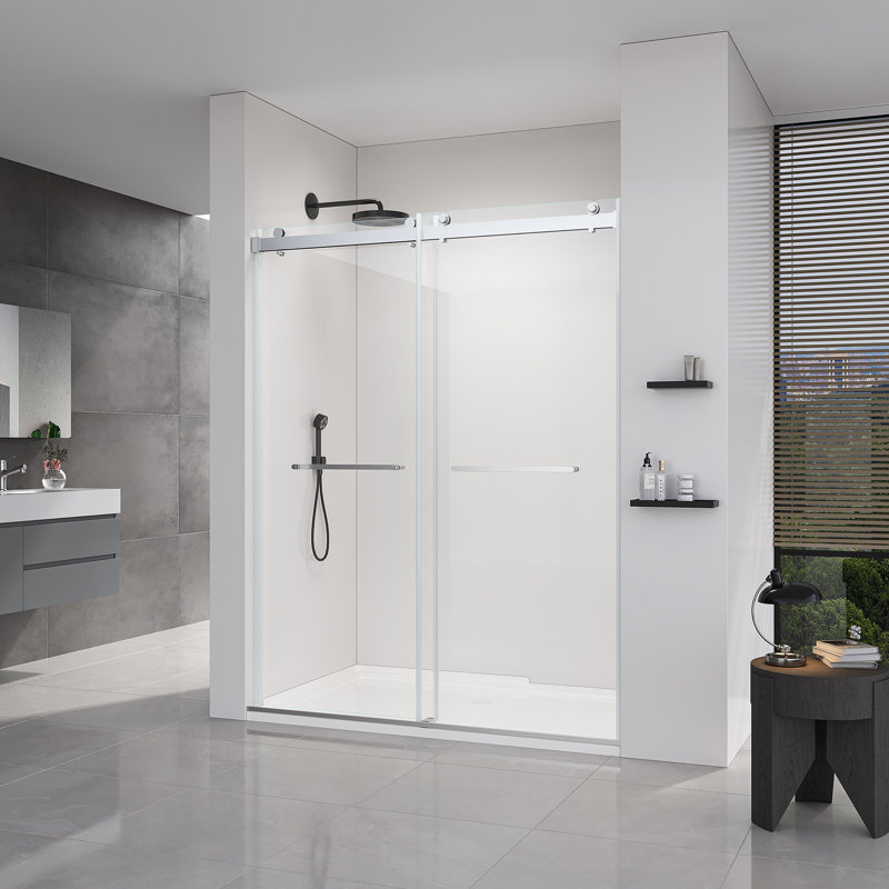 56-60*76 INCH Frameless Double Sliding Soft-Close Shower Doors, Bathroom Sliding Shower Door, Glass Door ,(10Mm) Thick SGCC Tempered Glass Door For Bathroom + Stainless Steel --Brushed Nickel