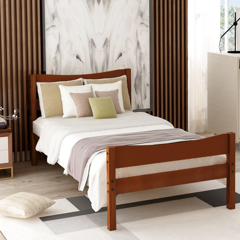 Walnut Wood Platform Bed With Headboard And Tenacious Slat Support For Twin Size Headboard, Color Steady Foundation