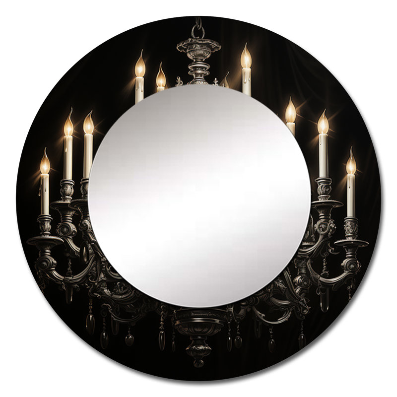 Chandelier Elegant Monochrome Pointillism II - Chandelier Unique Wall Mirror, Gray Round Mirror, Printed Metal Art, 23" x 23"
