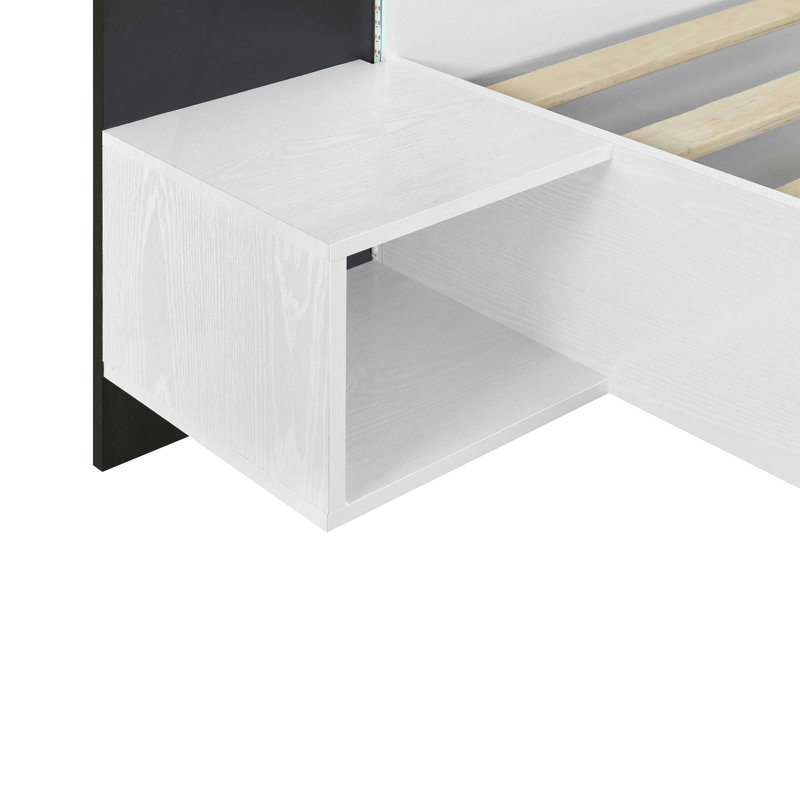 Lit flottant avec tables de chevet et tête de lit éclairée, Blanc, Grand