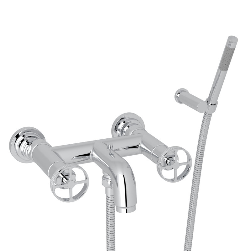 Campo Exposed Wall Mount Tub Filler, Polished Chrome, Industrial Metal Wheel Handle