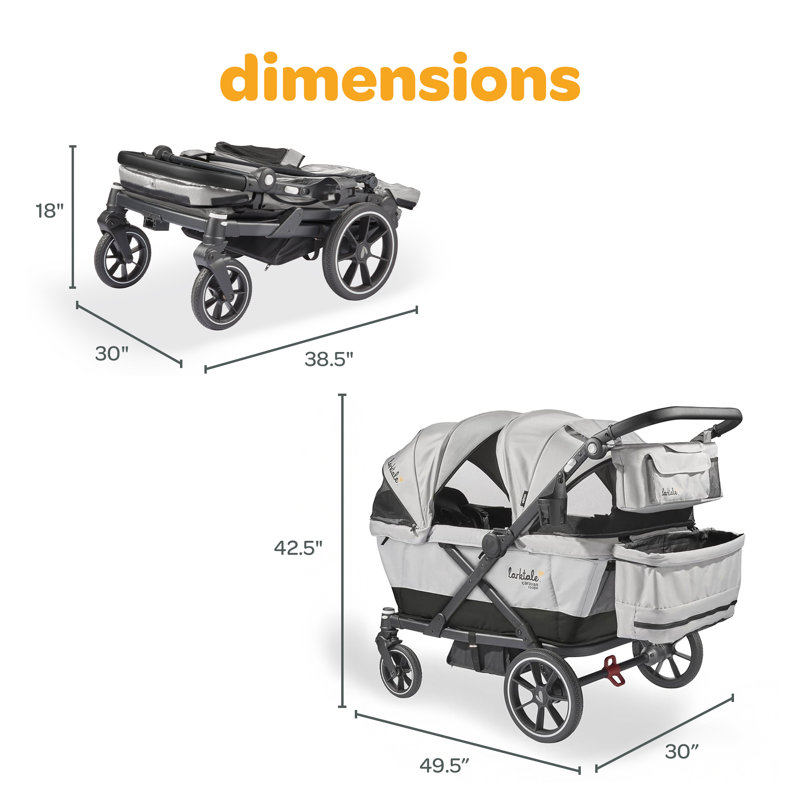 Larktale Caravan Coupe V2 Compact Stroller, Reclining 2-Seat Wagon, Gray, Gray/Black, 42.5" H x 30" W x 49.5" D