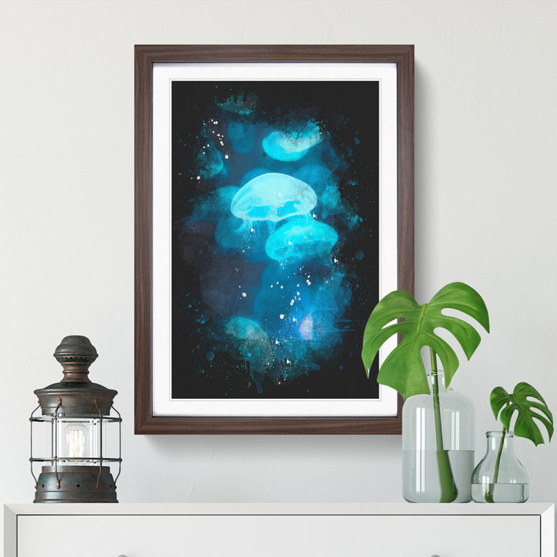 Blue Jellyfish - Picture Frame Graphic Art Print, 87cm H x 62cm W x 2cm D, Walnut Framed