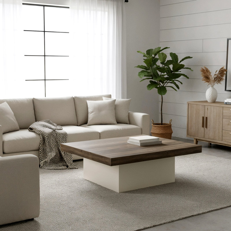 Caomhan Block Coffee Table, 12.2" H x 35.4" L x 35.4" W, Ivory/Knotty Oak